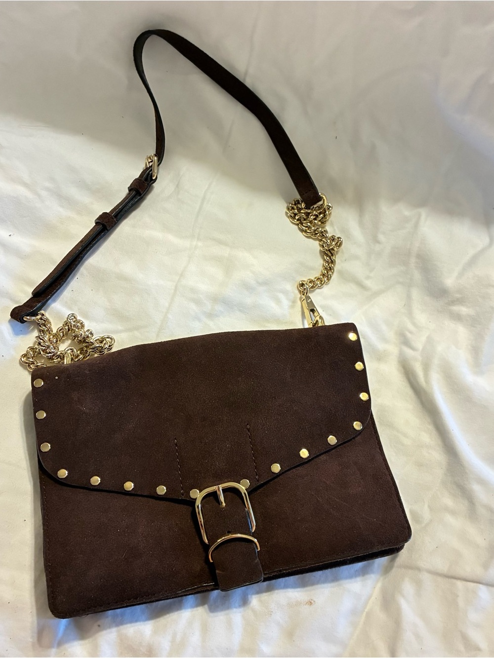 Rebecca Minkoff Dark Brown Suede Mini Crossbody with Gold Hardware